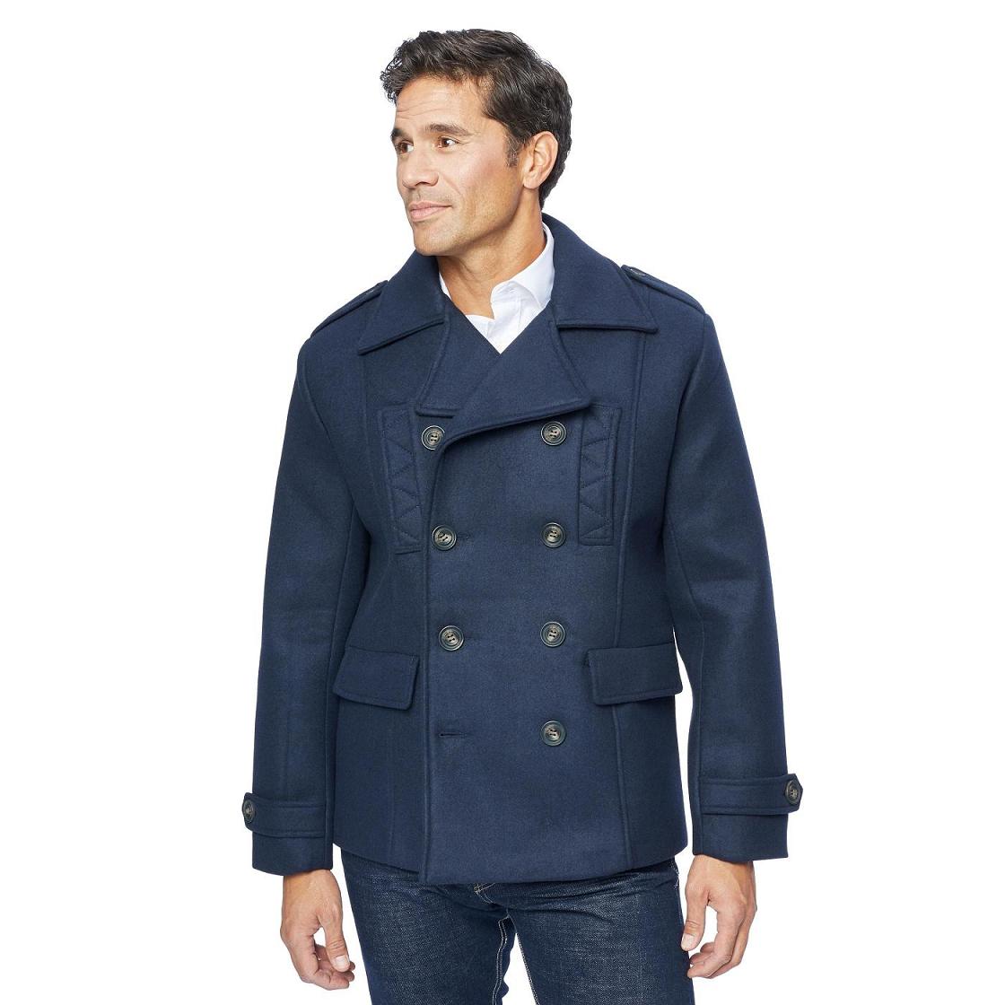 Men Pea Coat wool with button front closure patch pockets with flap covers navy blue
