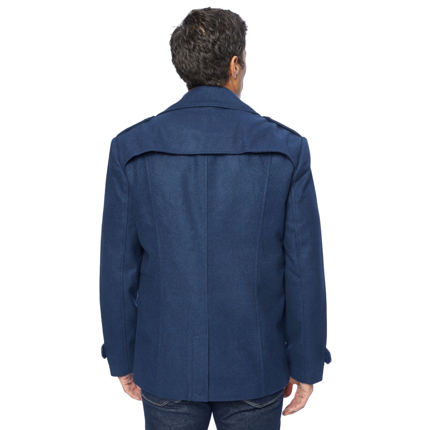 Men Pea Coat Wool Double Breasted button front closure front pockets blue color with red lapel