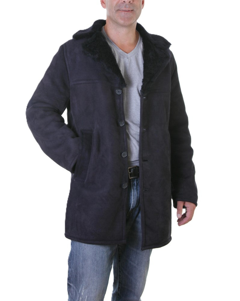 Men Shearling Car Coat Button front Single-breasted warm front pockets opened cuffs in navy color