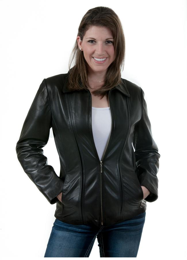 Women Leather Jacket Zip Front Moto Biker Color Black - Click Image to Close