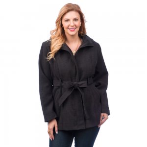 Women Plus Size Coat with Hood and Belt Zip Front Closure