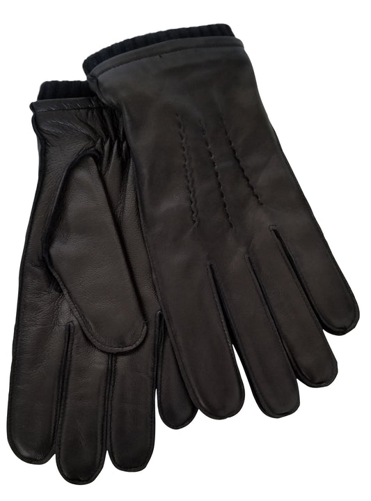 Men Lambskin Leather Gloves with Knit Wool Ribbed Cuffs