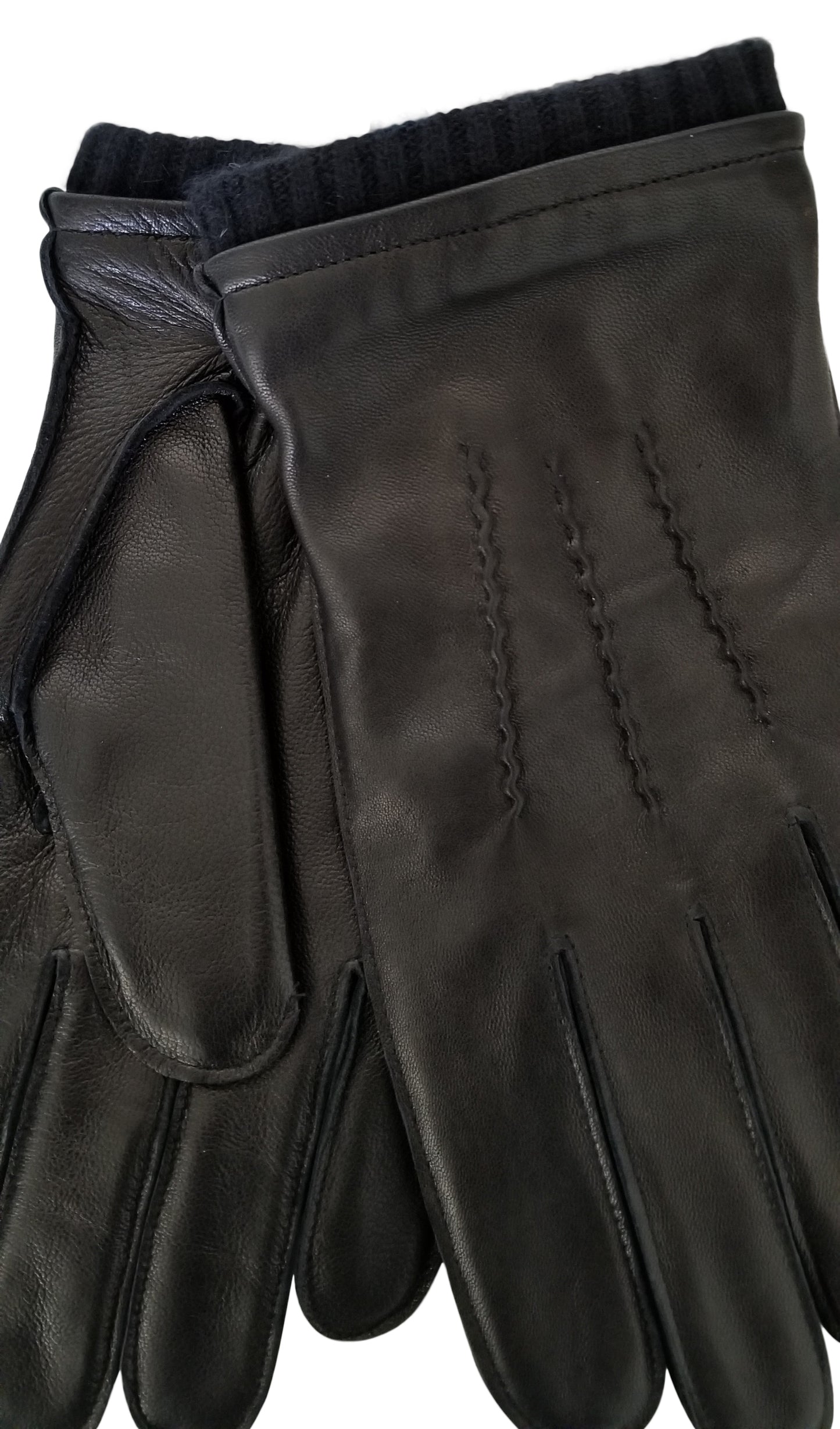 Men Lambskin Leather Gloves with Knit Wool Ribbed Cuffs