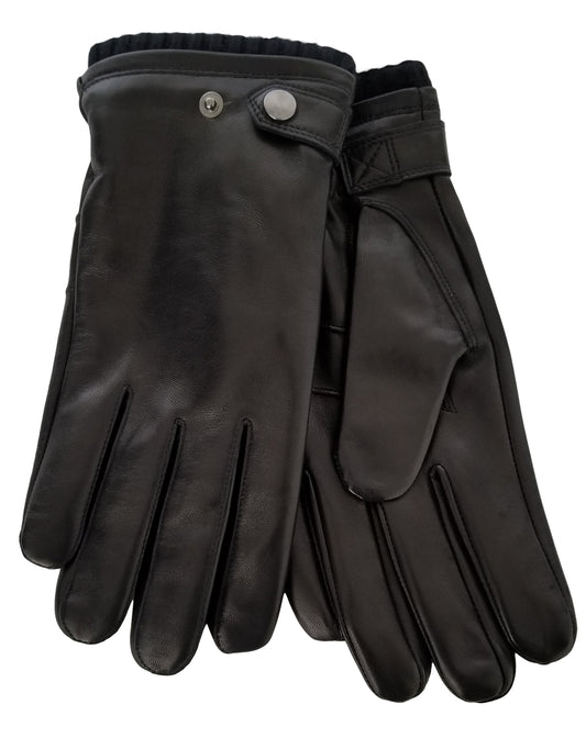 Men Leather Gloves w/ Button Strap and Knit Wool Ribbed Cuffs