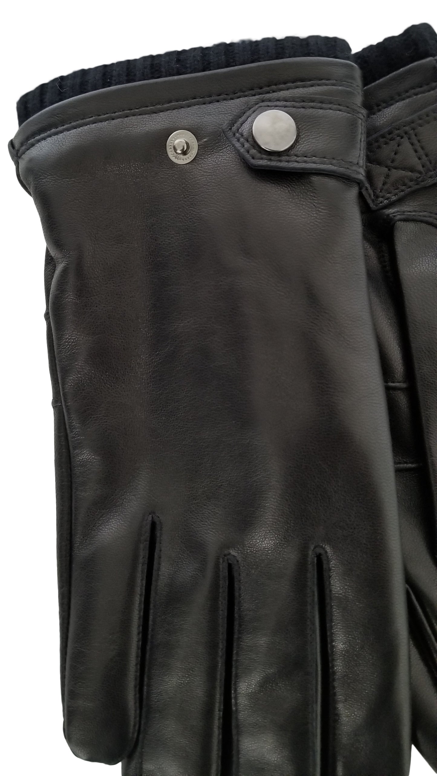 Men Leather Gloves w/ Button Strap and Knit Wool Ribbed Cuffs