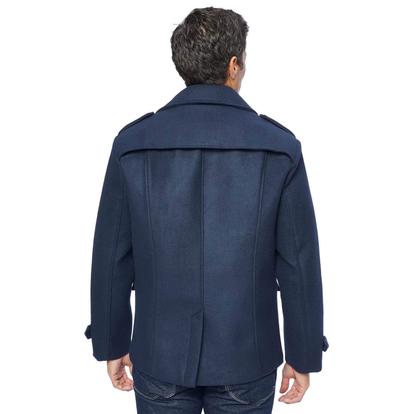Men Pea Coat wool with button front closure patch pockets with flap covers navy blue