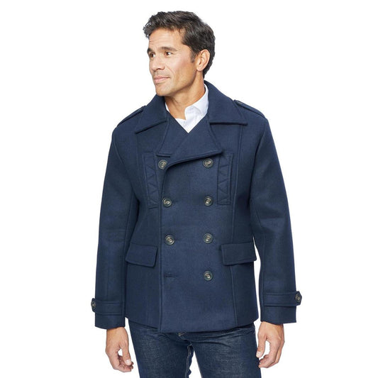 Men Pea Coat wool with button front closure patch pockets with flap covers navy blue