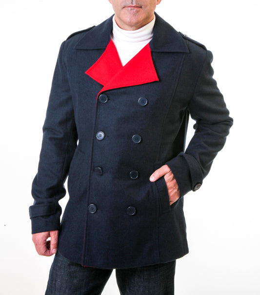 Men Pea Coat Wool Double Breasted button front closure front pockets blue color with red lapel