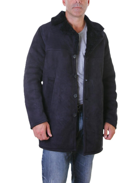 Men Shearling Car Coat Button front Single-breasted warm front pockets opened cuffs in navy color
