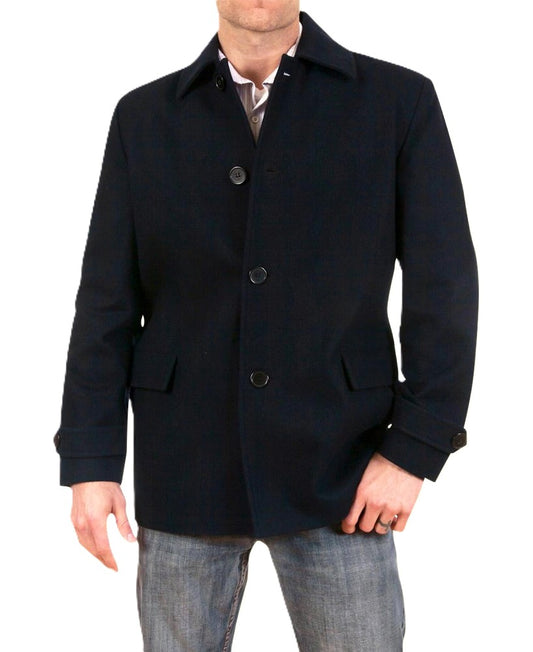 Men Traditional single breasted Wool Car Coat button front closure belted sleeves and front pockets color black
