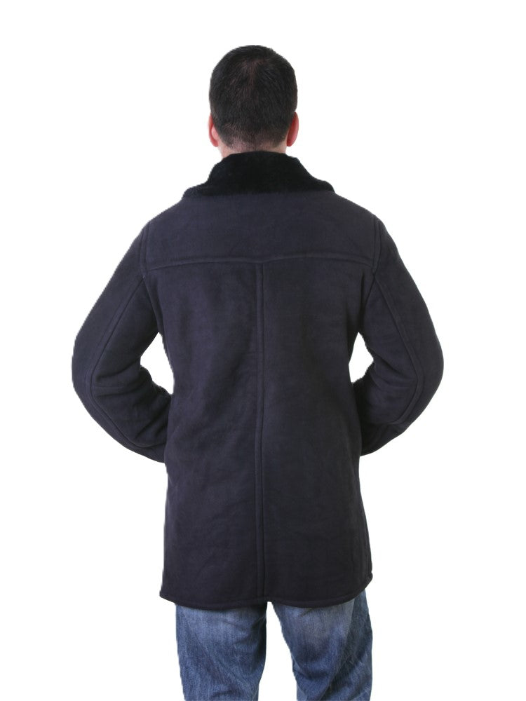Men Shearling Car Coat Button front Single-breasted warm front pockets opened cuffs in navy color