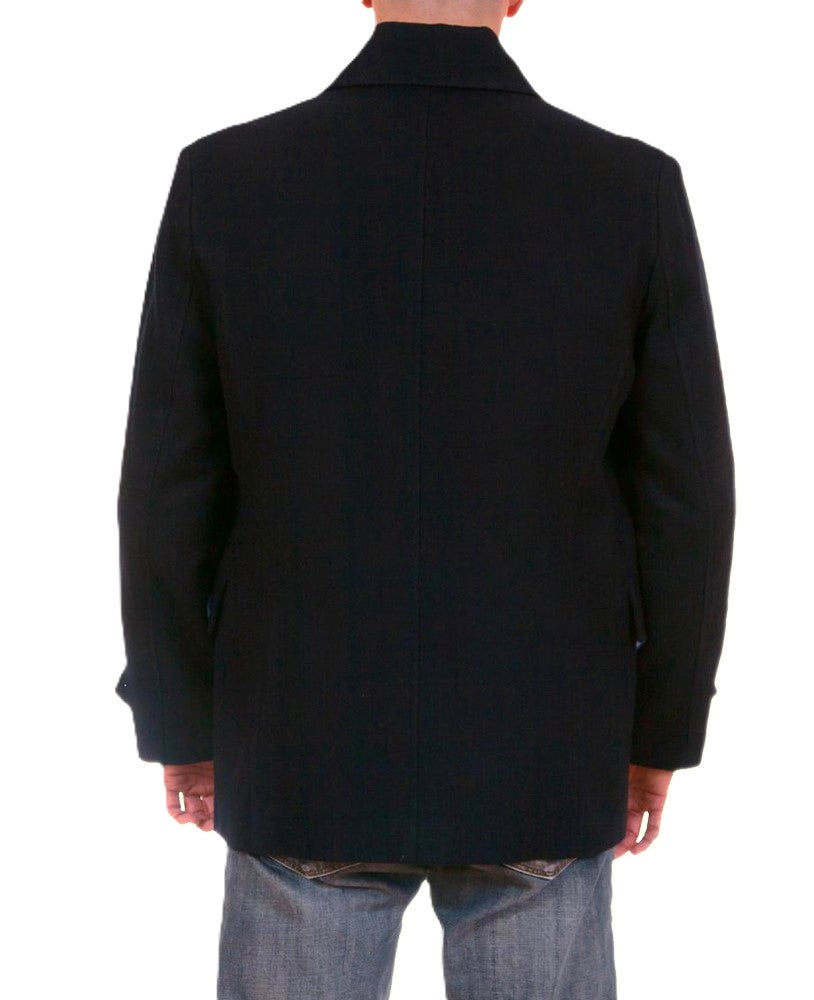 Men Traditional single breasted Wool Car Coat button front closure belted sleeves and front pockets color black